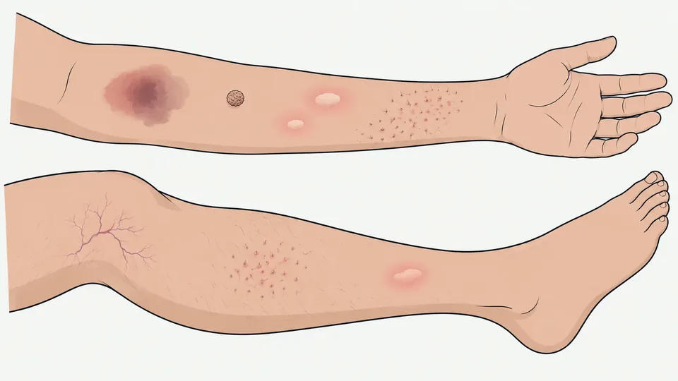 En underarm och ett underben med några vanliga hudåkommor: ett blåmärke, en vårta, nässelutslag, knottror och fina spindelvener