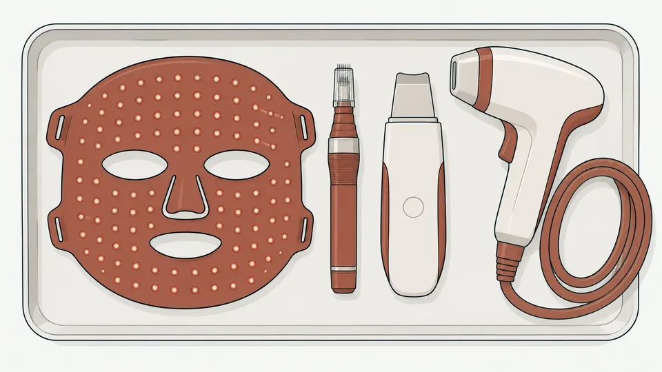 Hudbehandlingsverktyg på en bricka: en LED-mask, en microneedlingpenna, en ultraljudsspatel och ett laserhandstycke
