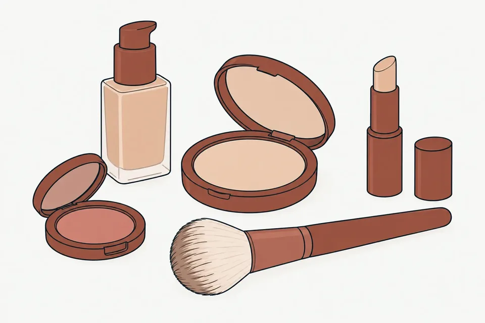 Make-up utan märken: foundation, puder, concealer, rouge och en pensel