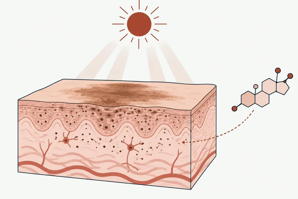 Melasma i genomskärning: melanin i överhuden och läderhuden under en brun fläck, med solljus och hormoner som utlösande faktorer