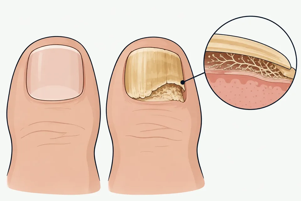 En frisk tånagel bredvid en nagel med nagelsvamp som är tjock, gulbrun och smulig i kanten