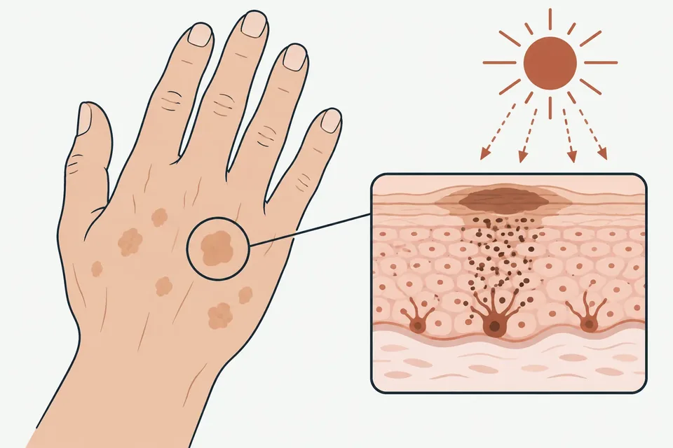 Pigmentfläckar på handryggen och en genomskärning där pigmentcellerna bildar mer melanin under fläcken