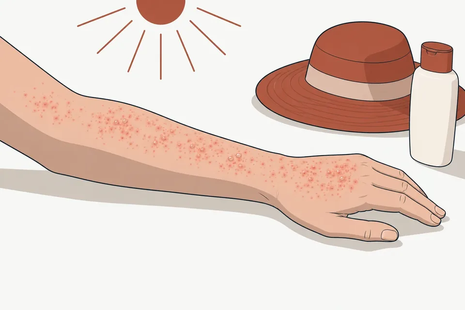 En underarm med små röda knottror och blåsor på den solbelysta sidan, bredvid en solhatt och solskydd